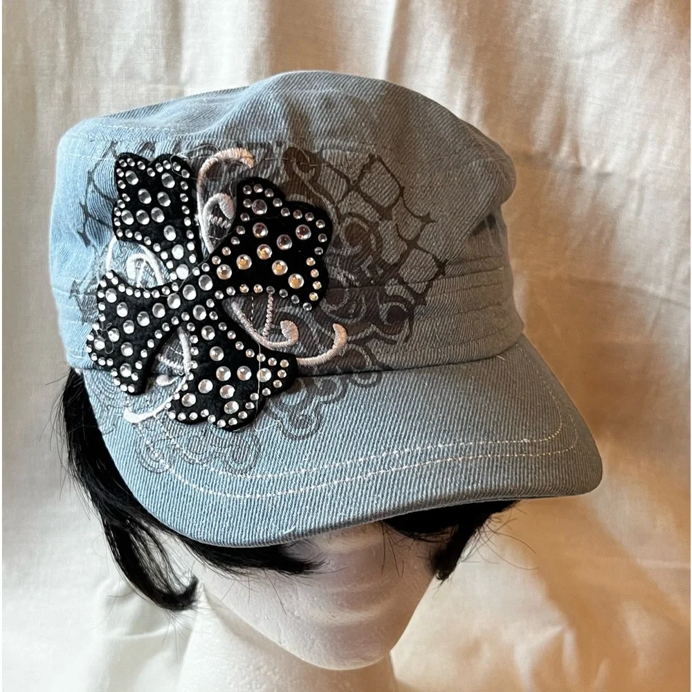 Light Blue Denim Cap With Bling Cross - Picture 1 of 4